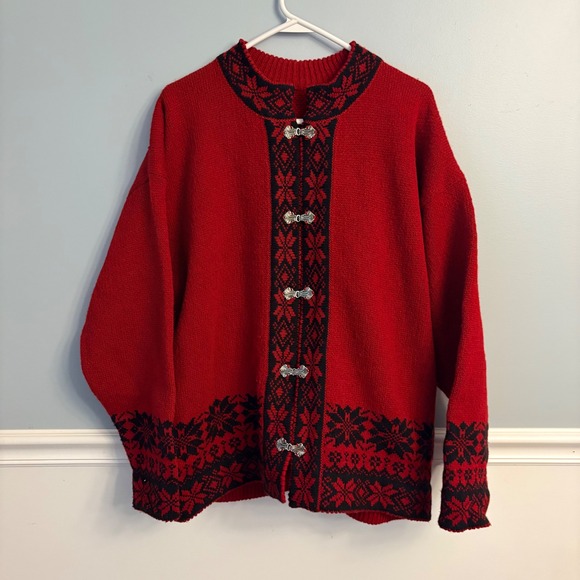 Sweaters - Vintage Norwegian Red Fair Isle Cardigan Sweater Metal Clasps Nordic Winter XL